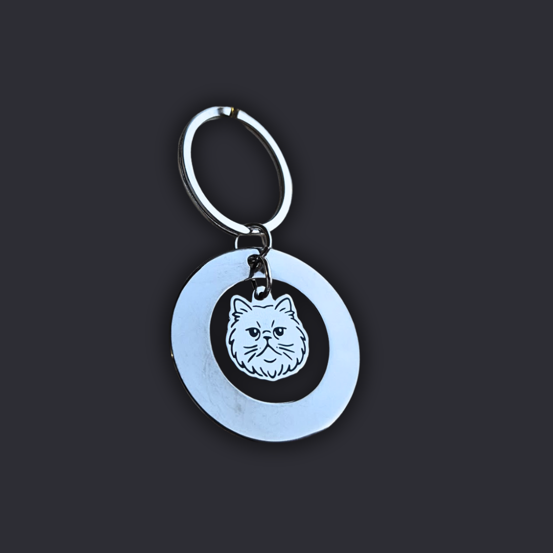 Llavero Plateado Circular + Dije GATO