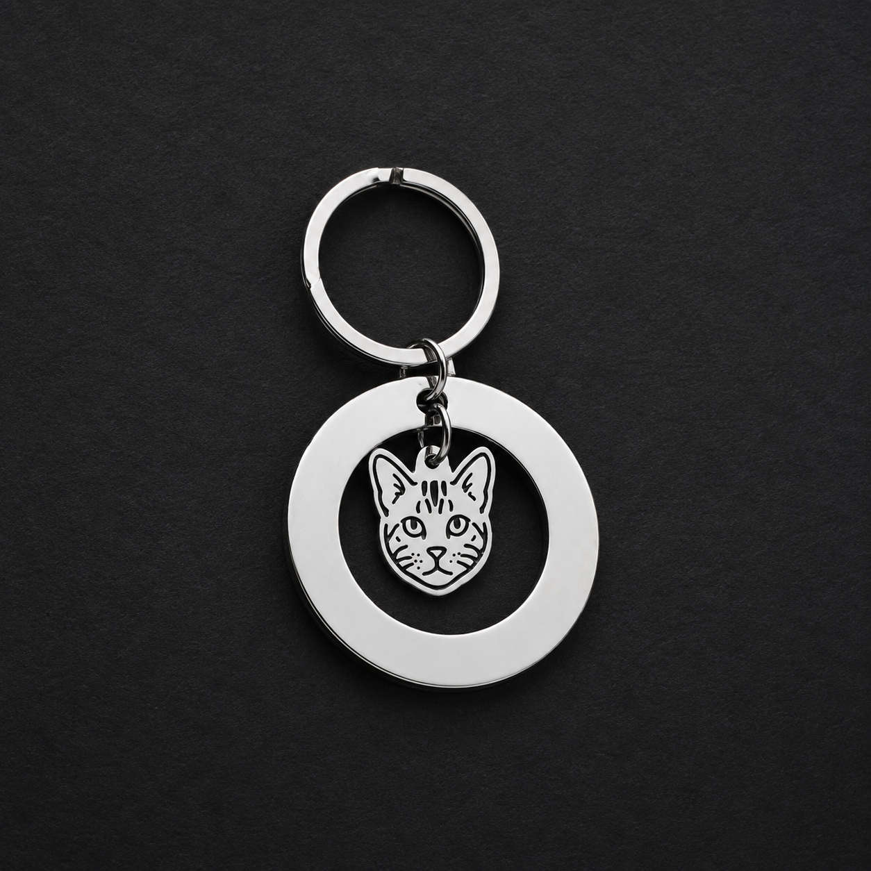 Llavero Plateado Circular + Charm GATO