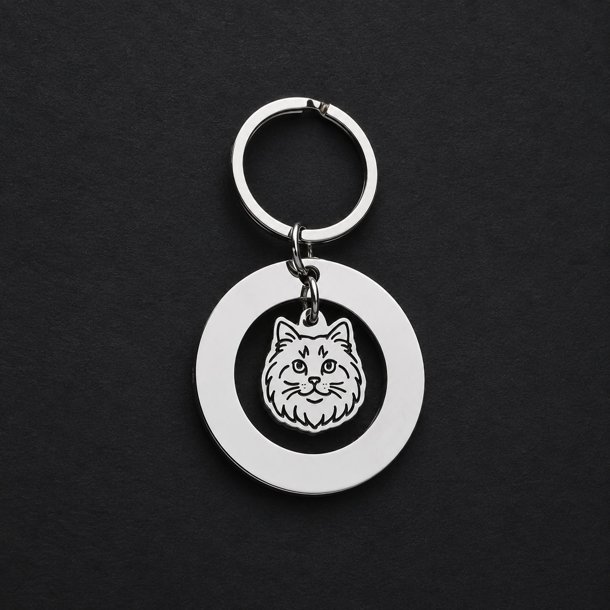 Llavero Plateado Circular + Charm GATO