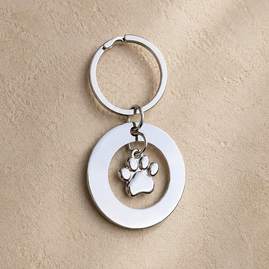 Llavero Plateado Circular + Charm Huella