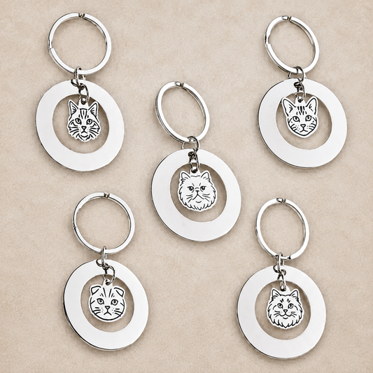 Llavero Plateado Circular + Charm GATO