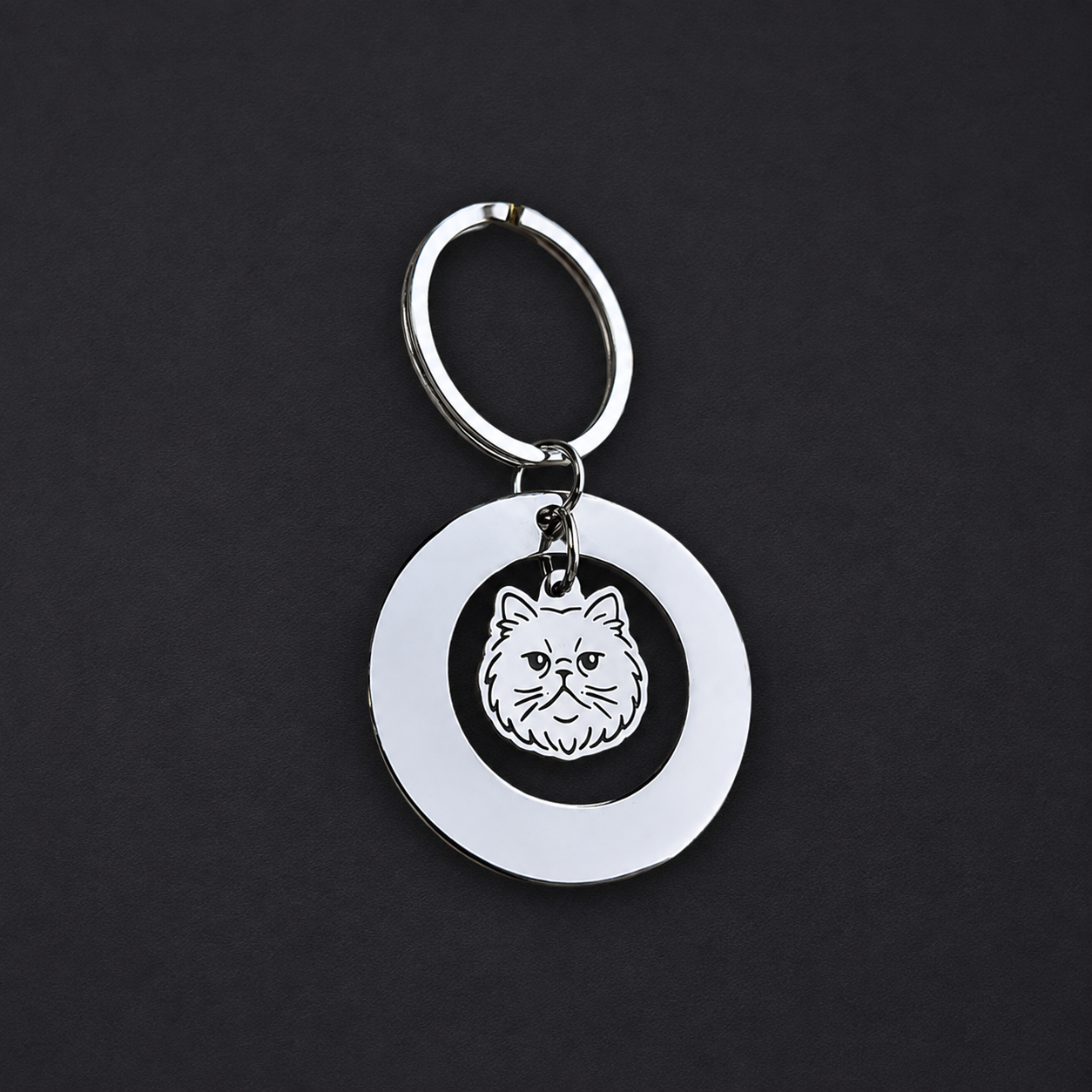 Llavero Plateado Circular + Charm GATO